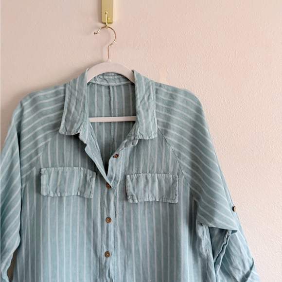 Meo Meli Light Blue Striped 100%  Linen Hi Low Button Down Dress OS - Picture 3 of 8